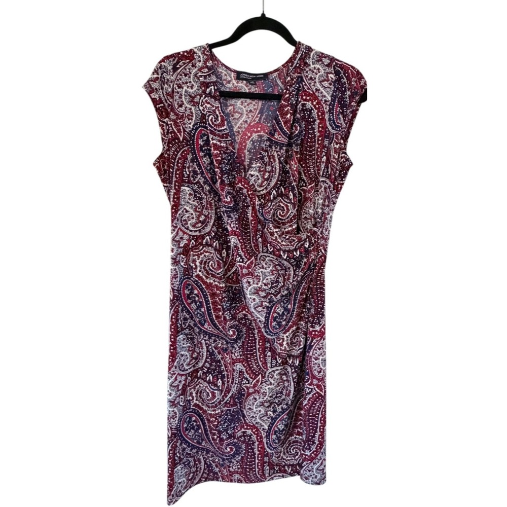 Jones New York Dress Size S Paisley Red Blue White Career Faux Wrap Office Siren